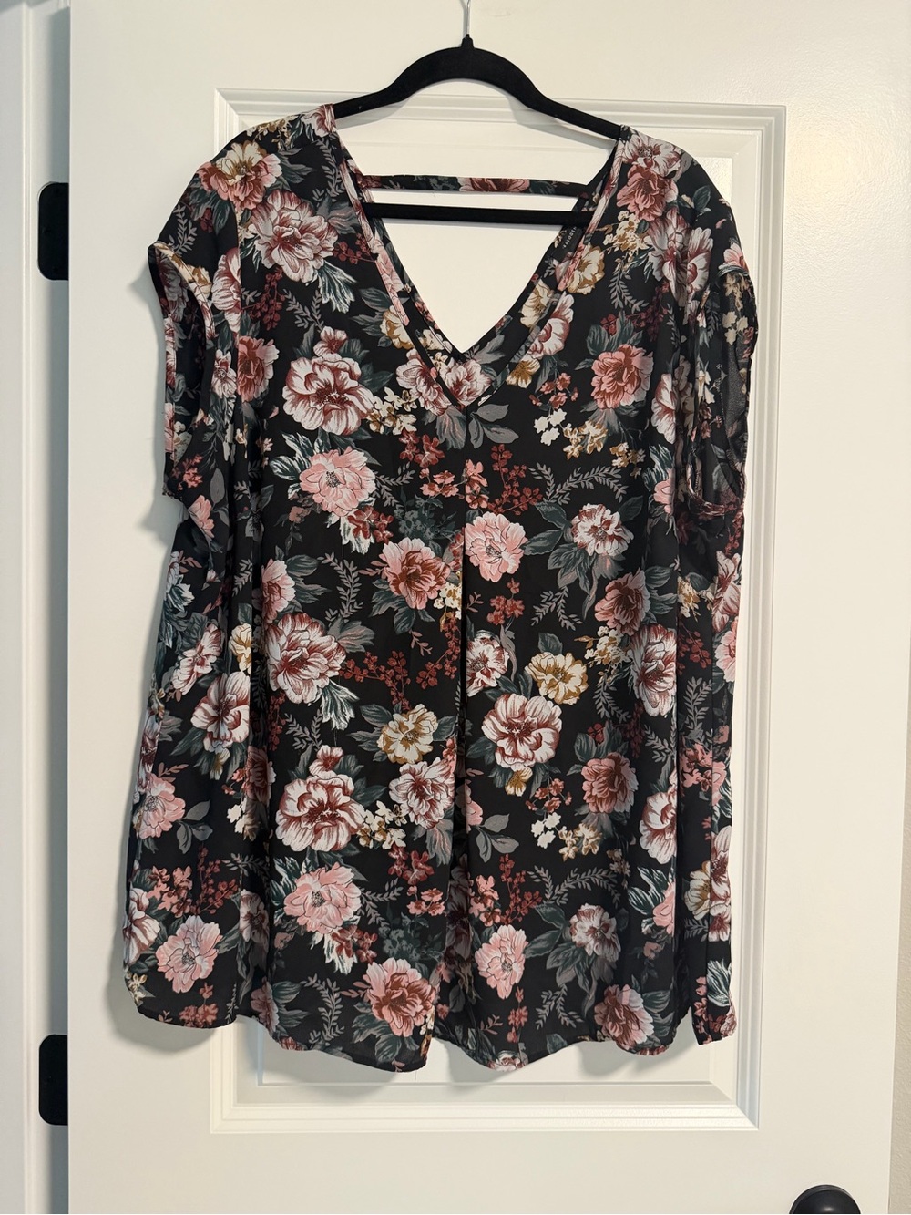 Halogen Black Floral V-Neck Blouse with Pink & Green Accents
